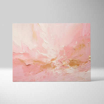 Abstract canvas art with textured brushstrokes in soft pink, peach, and beige tones.