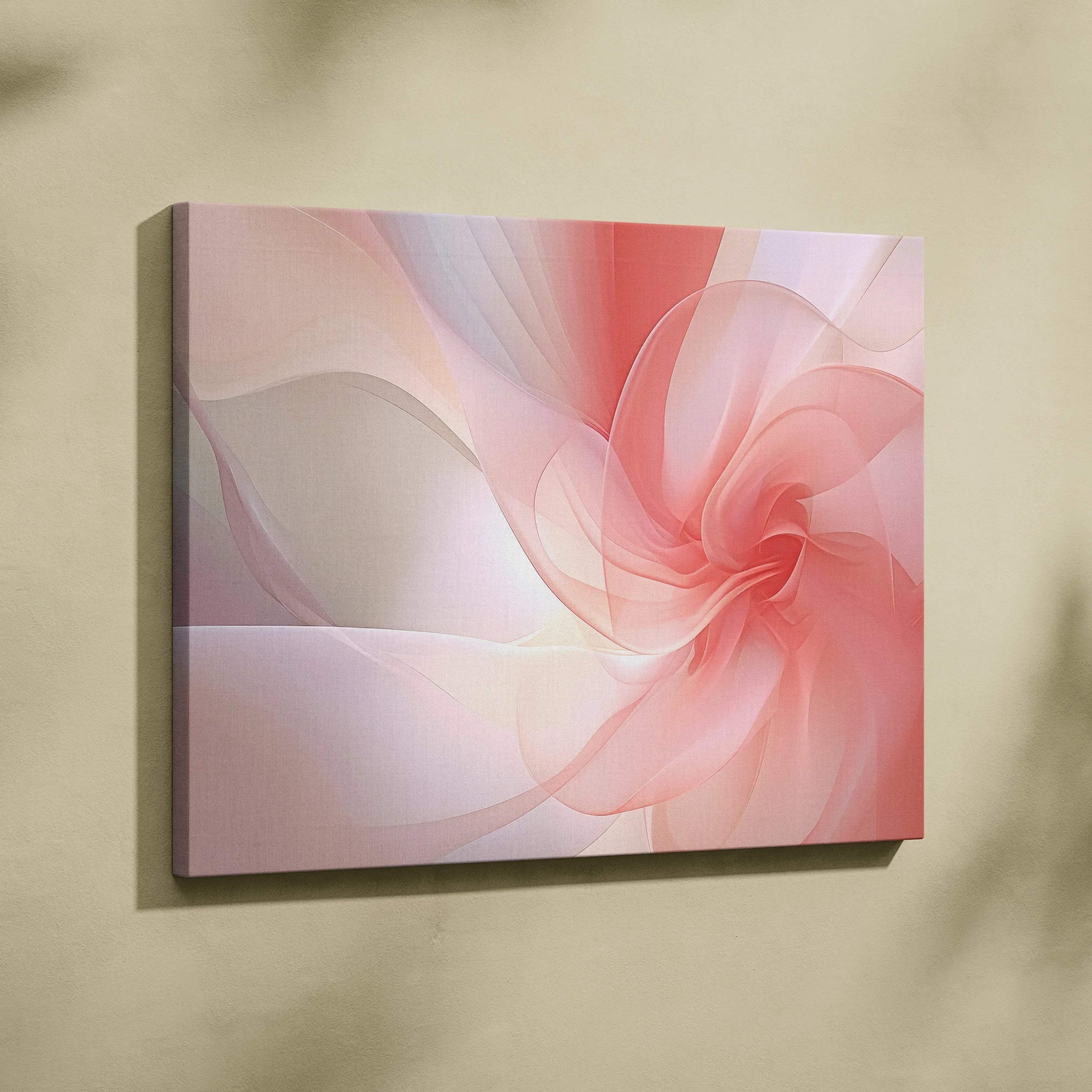 Abstract digital art canvas wall art featuring soft pink and peach swirling shapes on a light background.