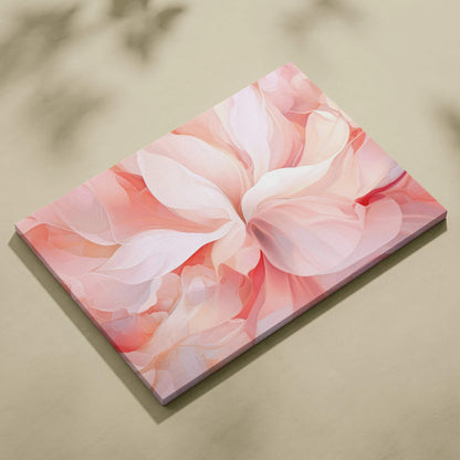 Abstract pink and white floral design on modern canvas wall art with soft brushstrokes.