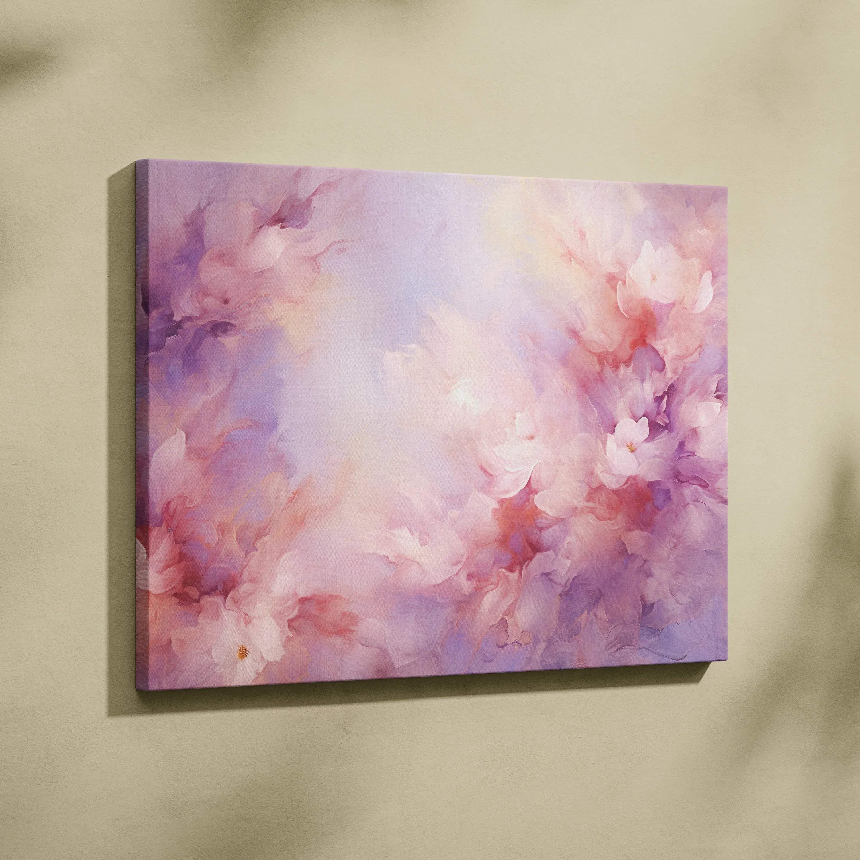 Abstract modern digital canvas art with soft pink, purple, and white brush strokes on wall art canvas.