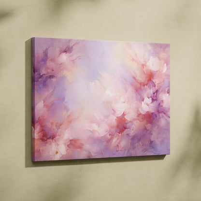 Abstract modern digital canvas art with soft pink, purple, and white brush strokes on wall art canvas.