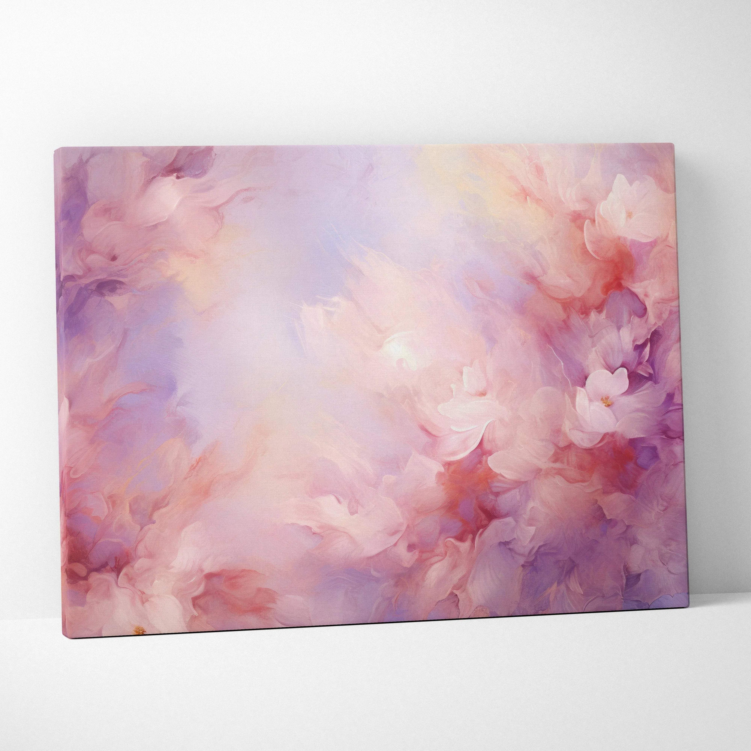 Abstract digital canvas art with soft pastel pink and purple floral-inspired swirls wall art.