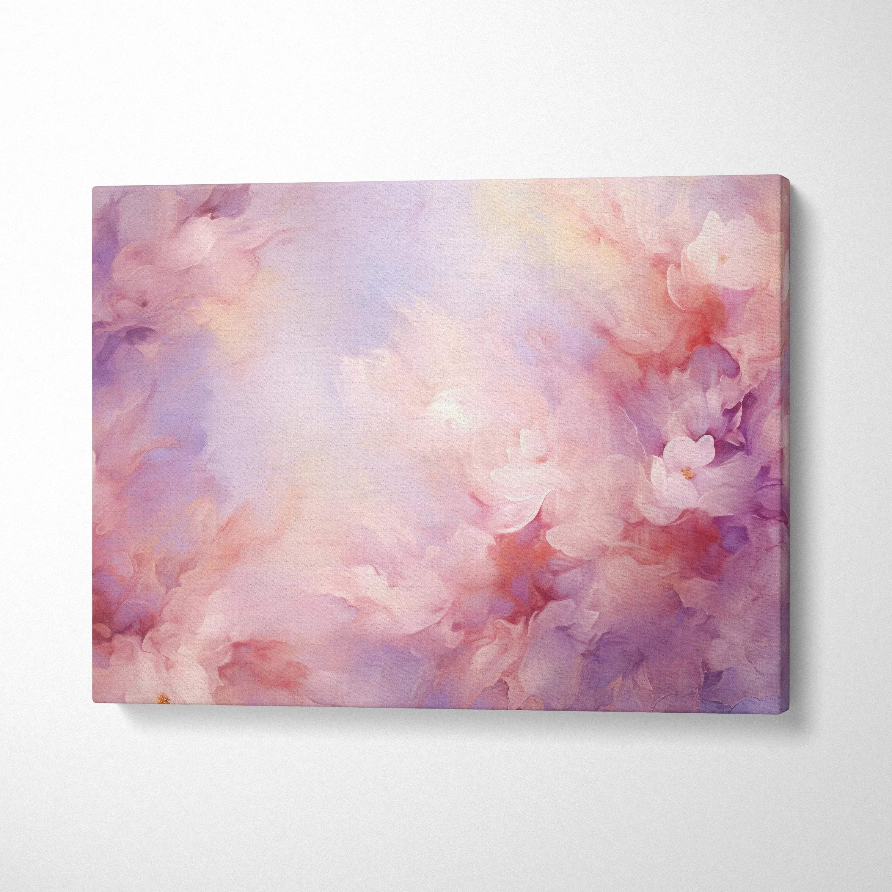Abstract modern digital canvas wall art with soft pink, purple, and peach tones on textured canvas.