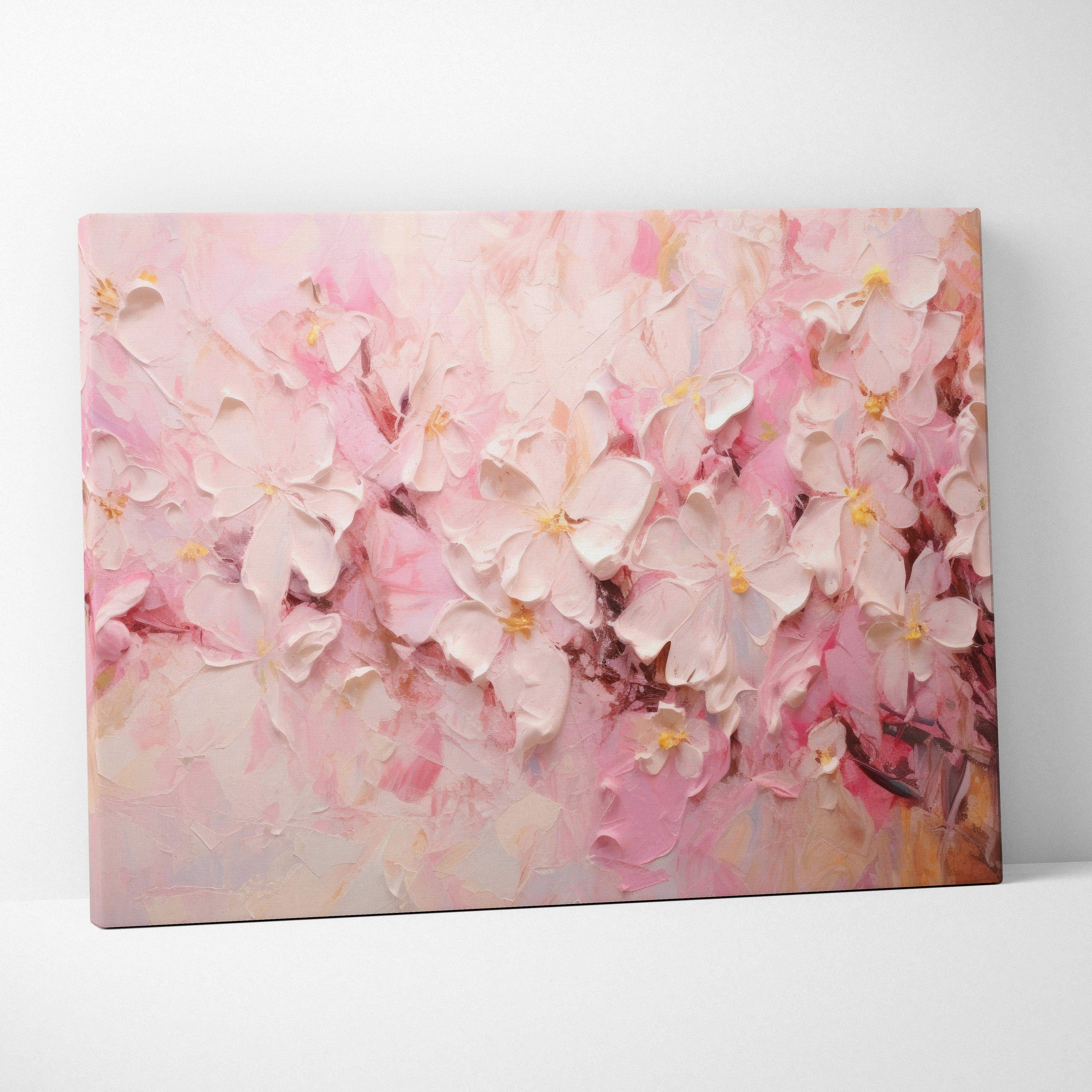 Canvas wall art featuring soft pink and white abstract floral shapes with textured brushstrokes.