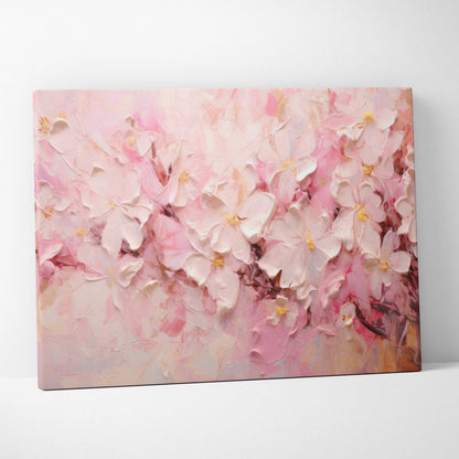 Canvas wall art featuring soft pink and white abstract floral shapes with textured brushstrokes.