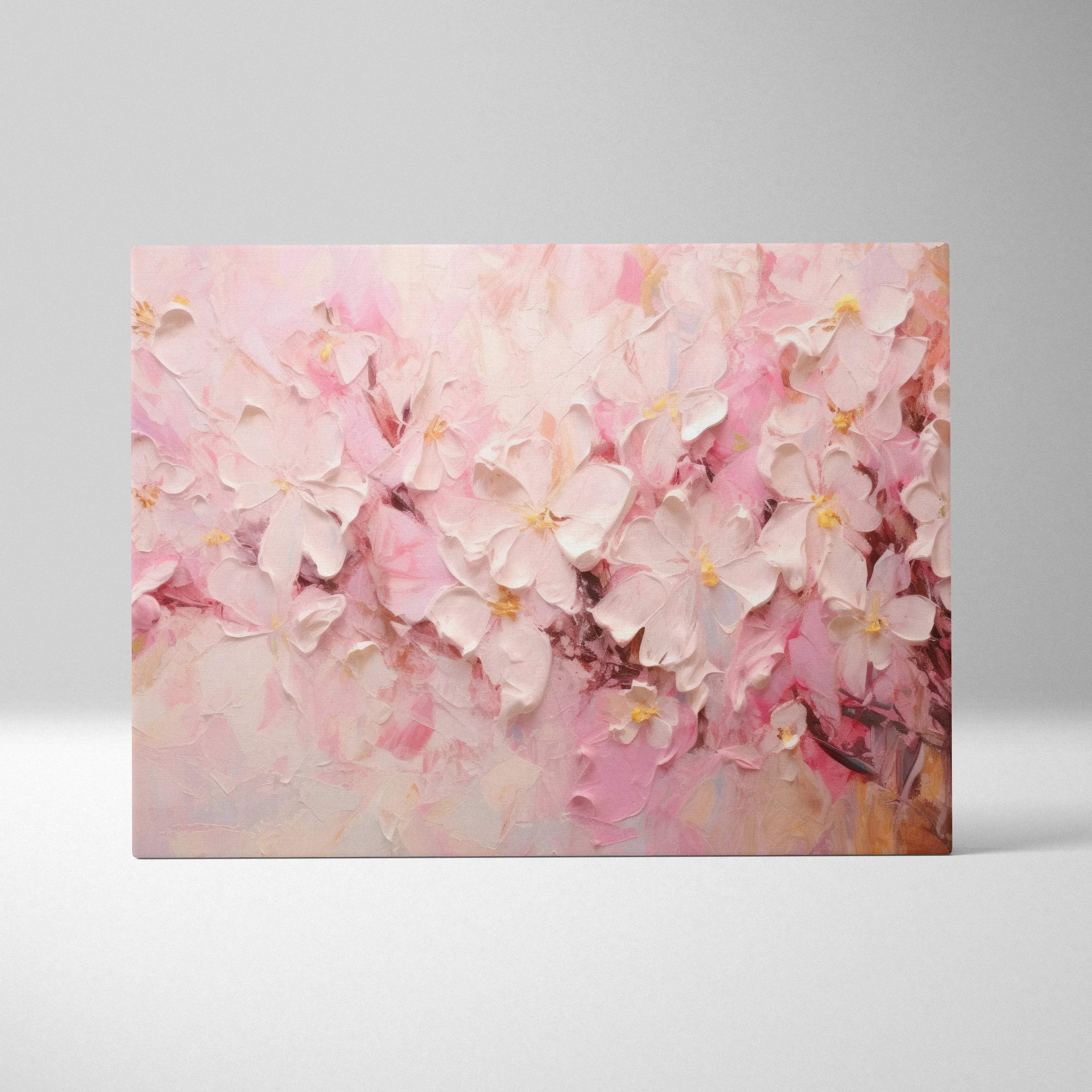 Abstract digital canvas art featuring soft pink and white floral shapes with textured brush strokes.