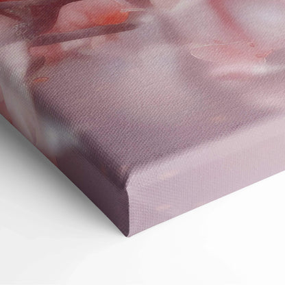 Close-up of canvas wall art with vibrant abstract digital design in soft pink, orange, and purple hues.