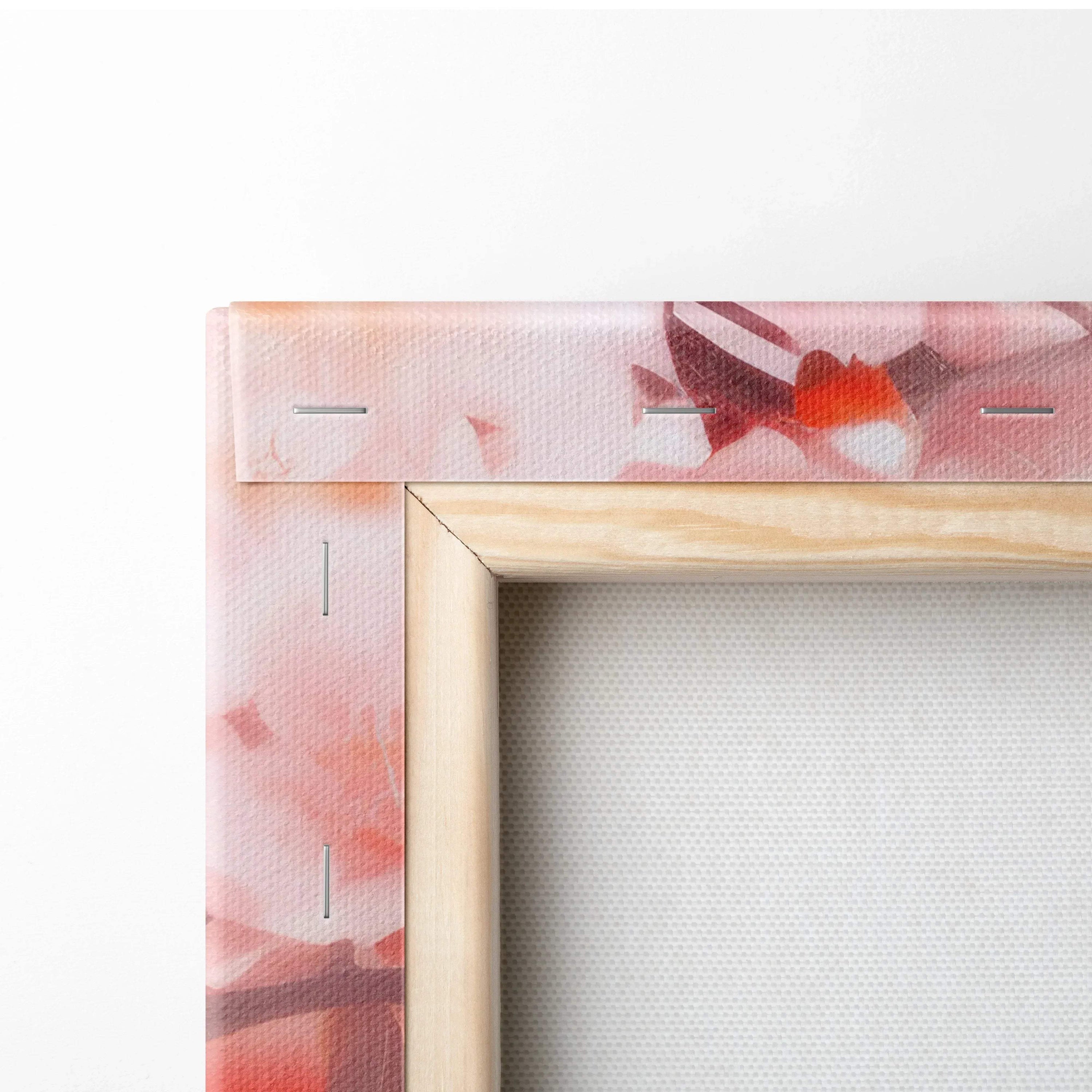Close-up of stretched canvas corner with wooden frame and vibrant abstract floral print, wall art detail.