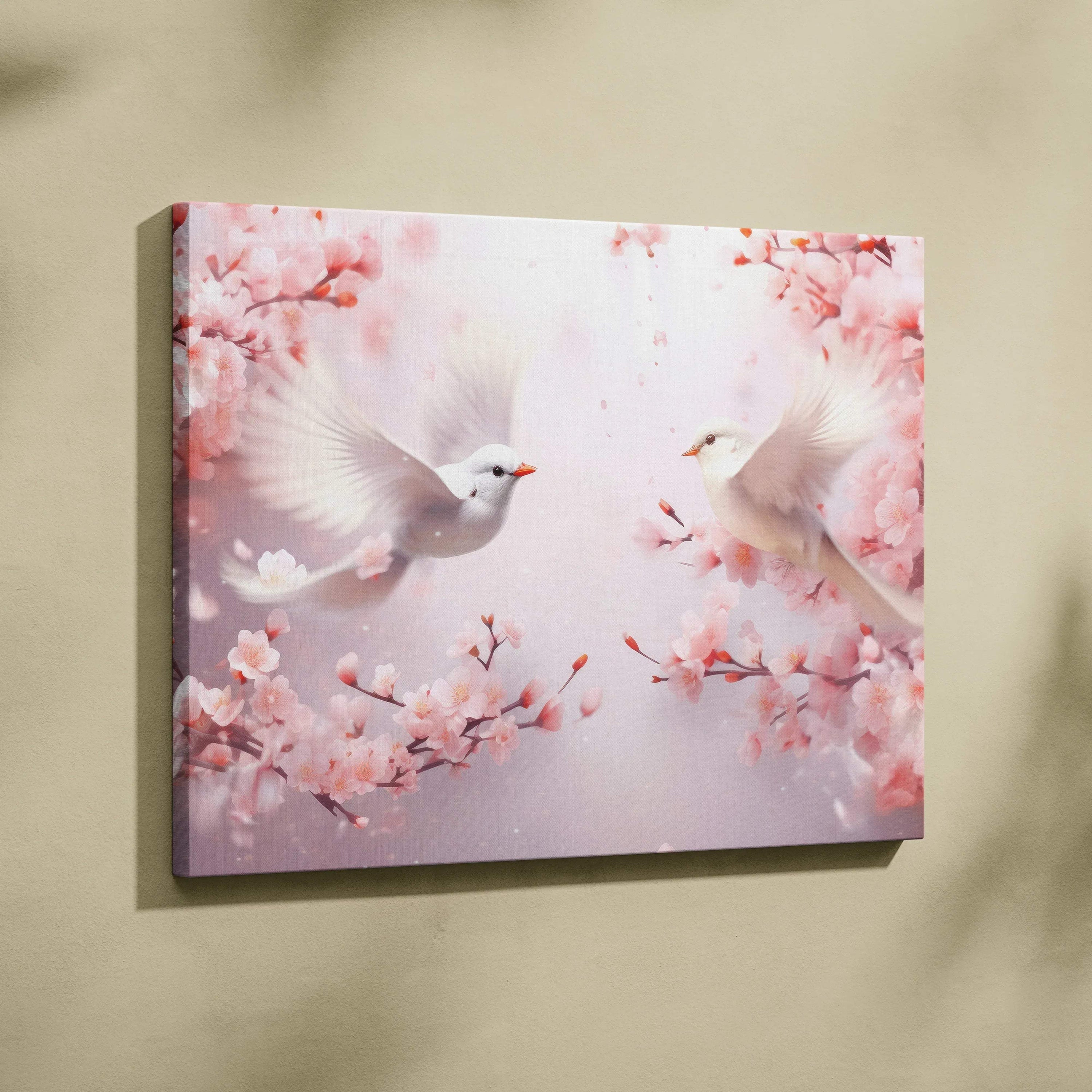 Canvas wall art featuring vibrant digital art of two white birds among pink cherry blossoms.