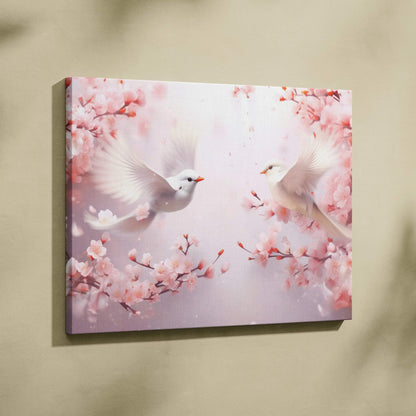 Canvas wall art featuring vibrant digital art of two white birds among pink cherry blossoms.