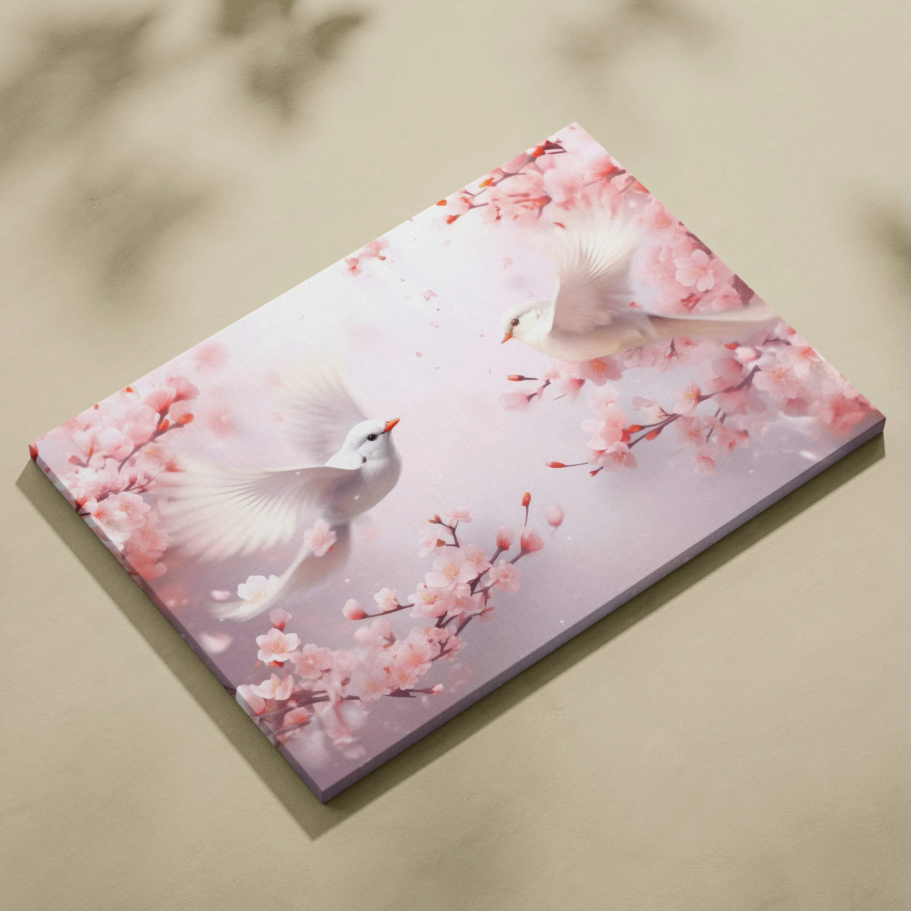 Canvas wall art featuring vibrant abstract digital design with white doves and pink cherry blossoms.