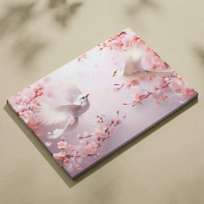 Canvas wall art featuring vibrant abstract digital design with white doves and pink cherry blossoms.