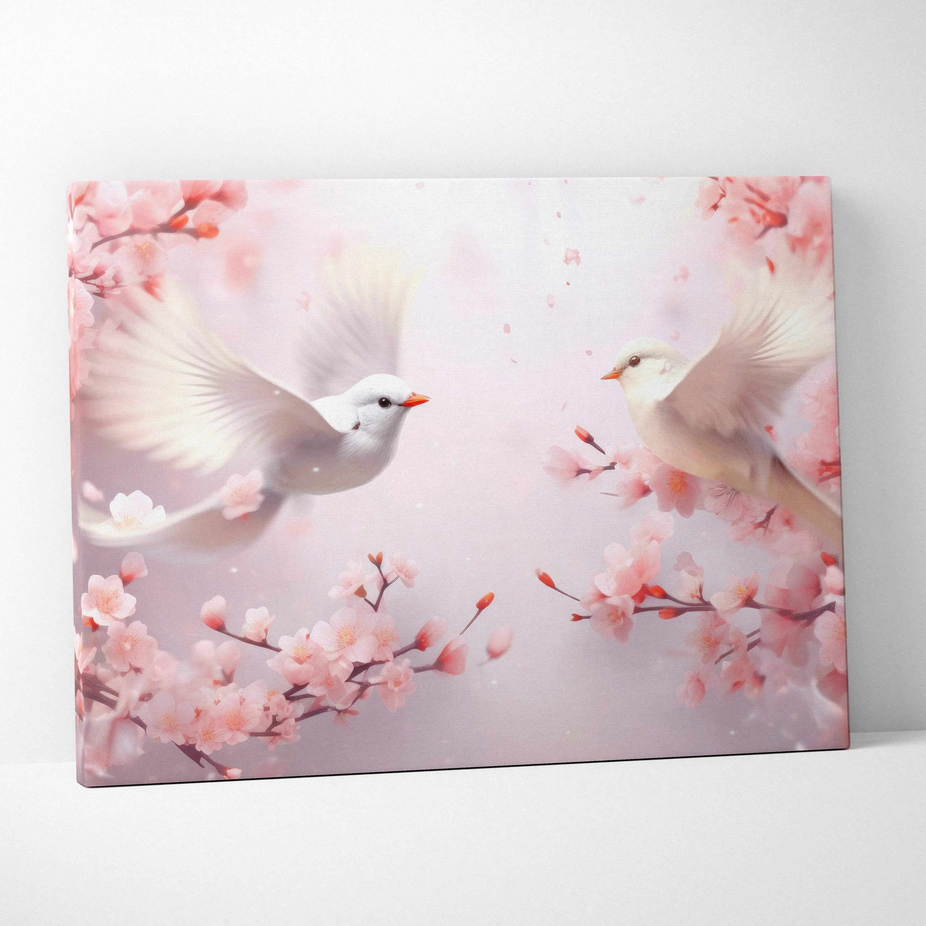 Canvas wall art featuring two white doves flying among soft pink cherry blossoms on a pastel background.
