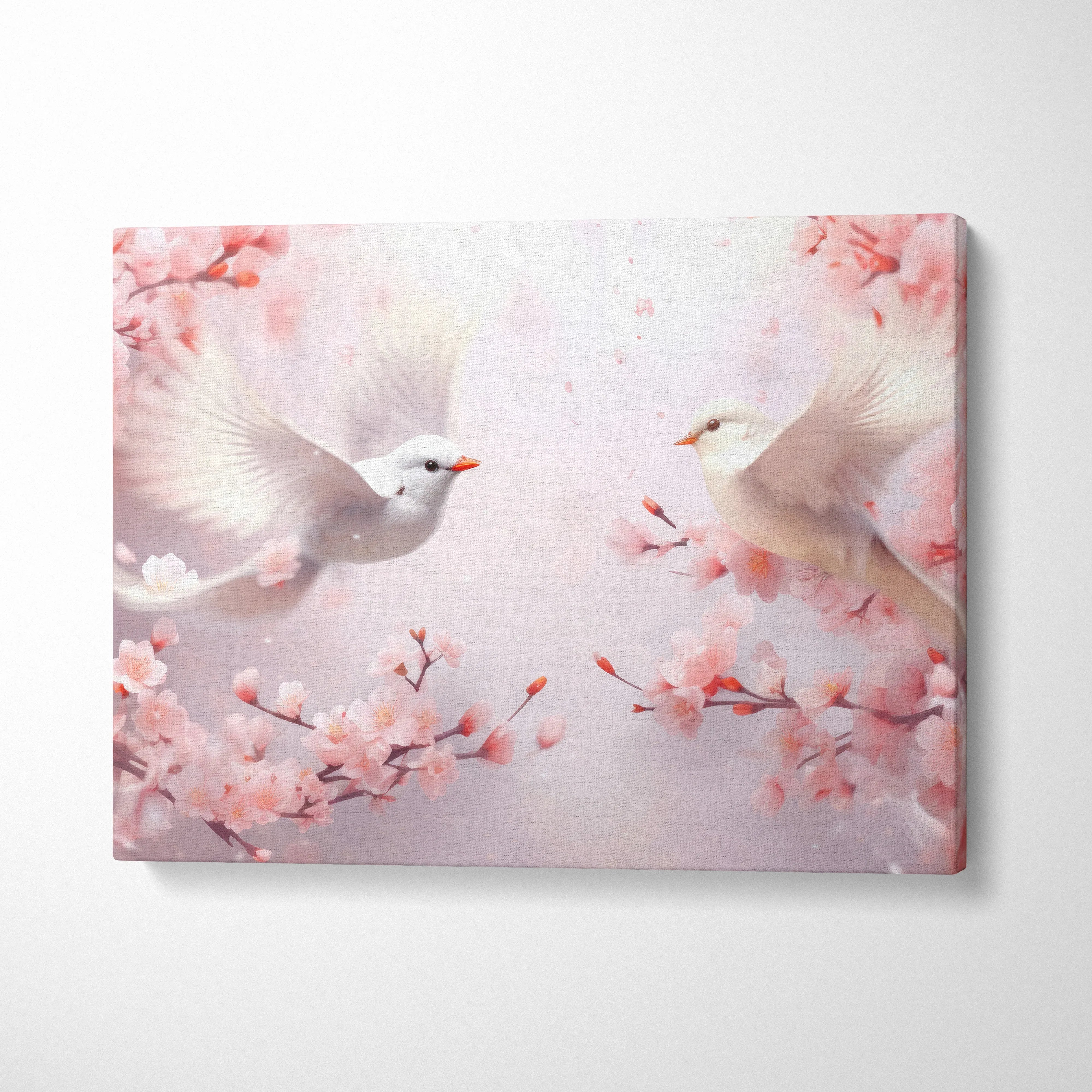 Canvas art featuring two white birds flying among delicate pink cherry blossoms, vibrant abstract wall art.