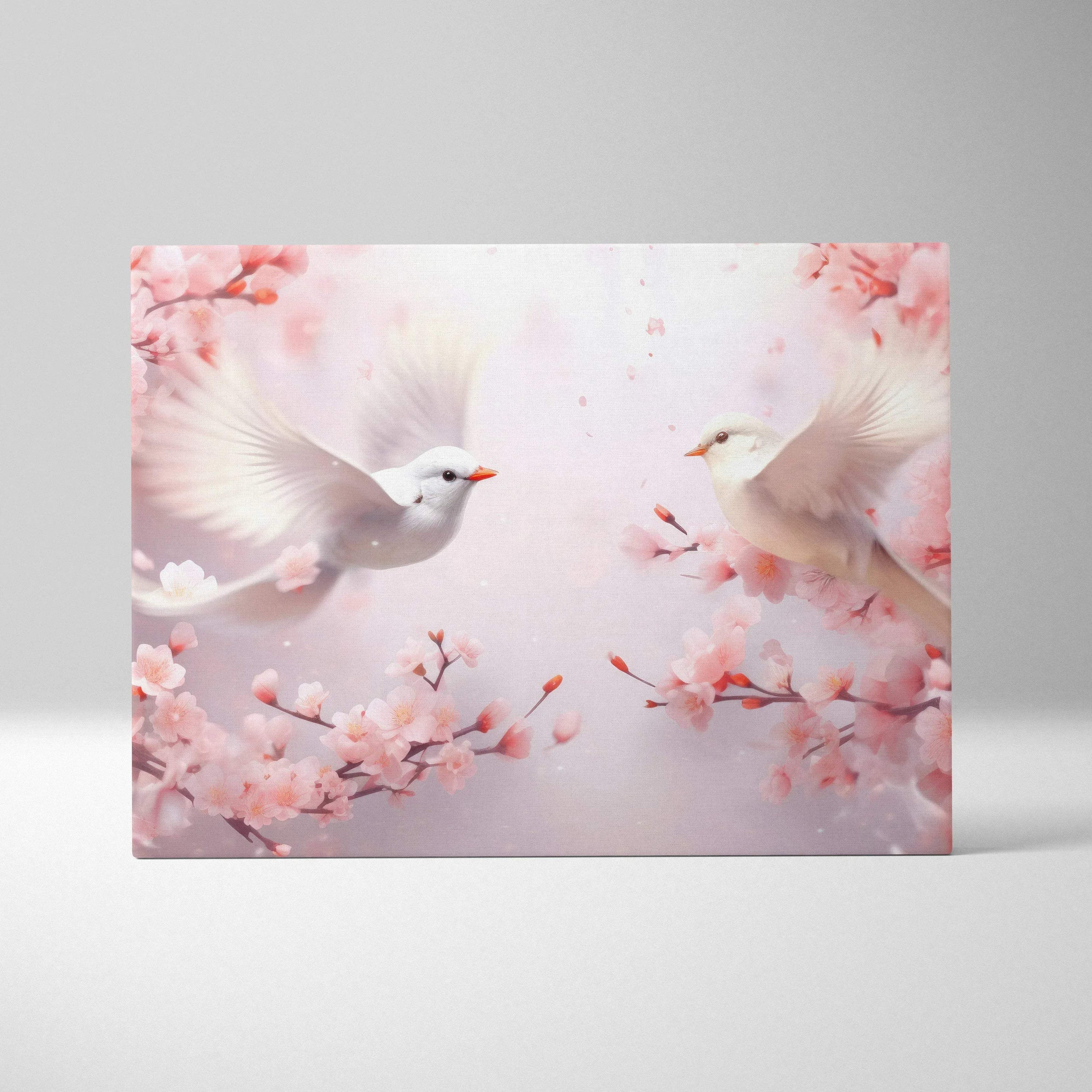Canvas wall art featuring two white birds in flight amid soft pink cherry blossoms on a light pastel background.