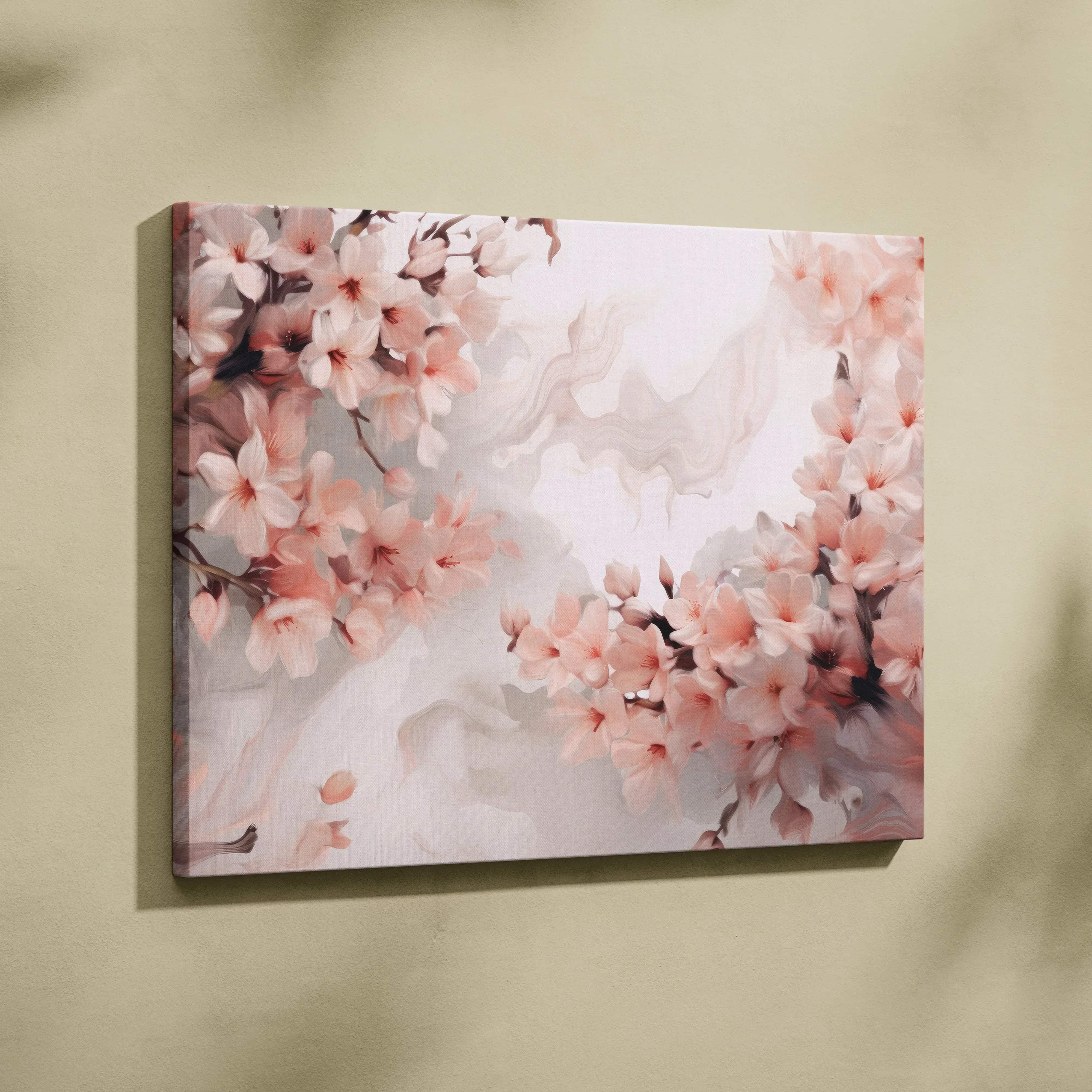 Soft pink cherry blossom canvas wall art with delicate flowers on a misty white background in cream palette