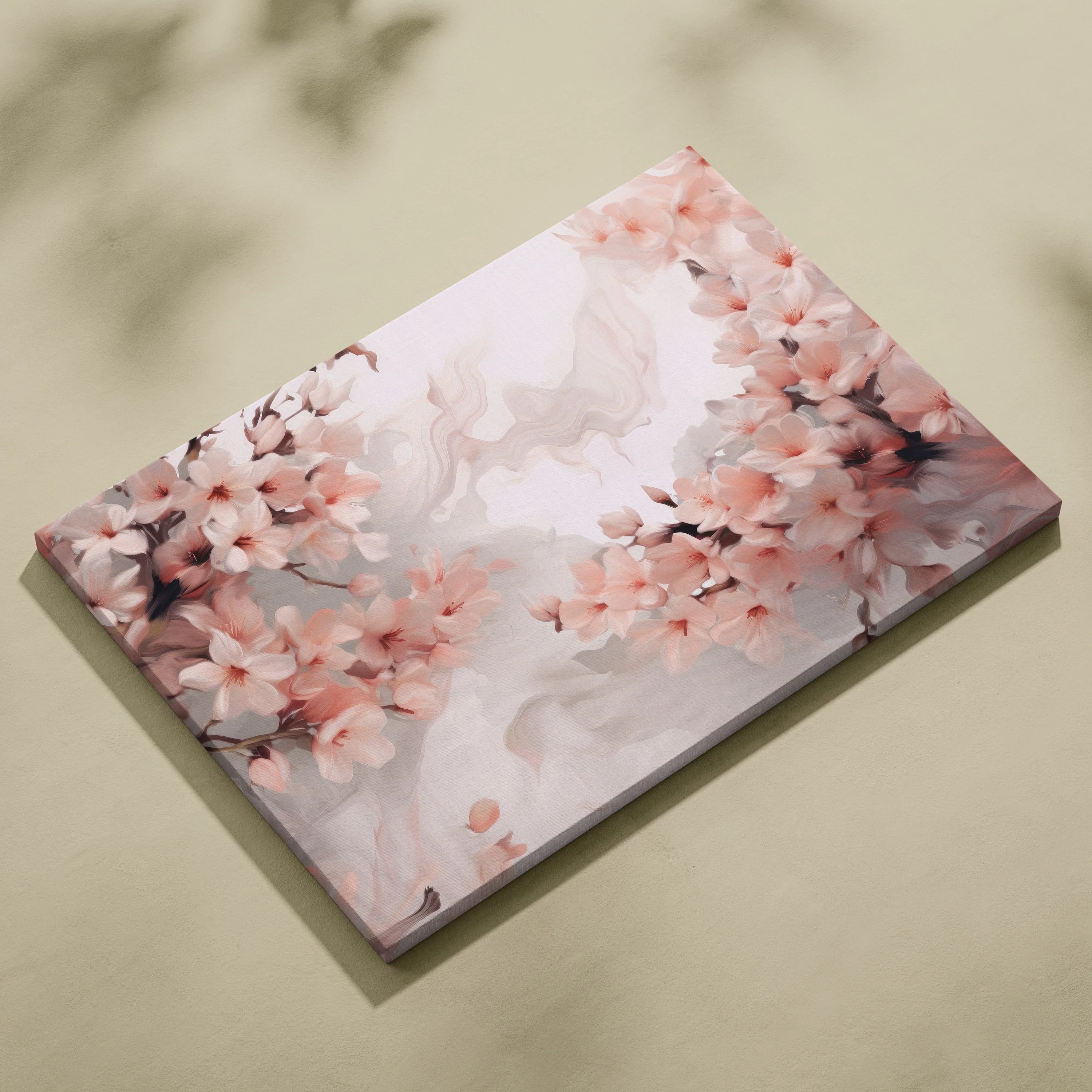 Canvas wall art featuring soft pink cherry blossoms with delicate petals on a muted gray and white background.