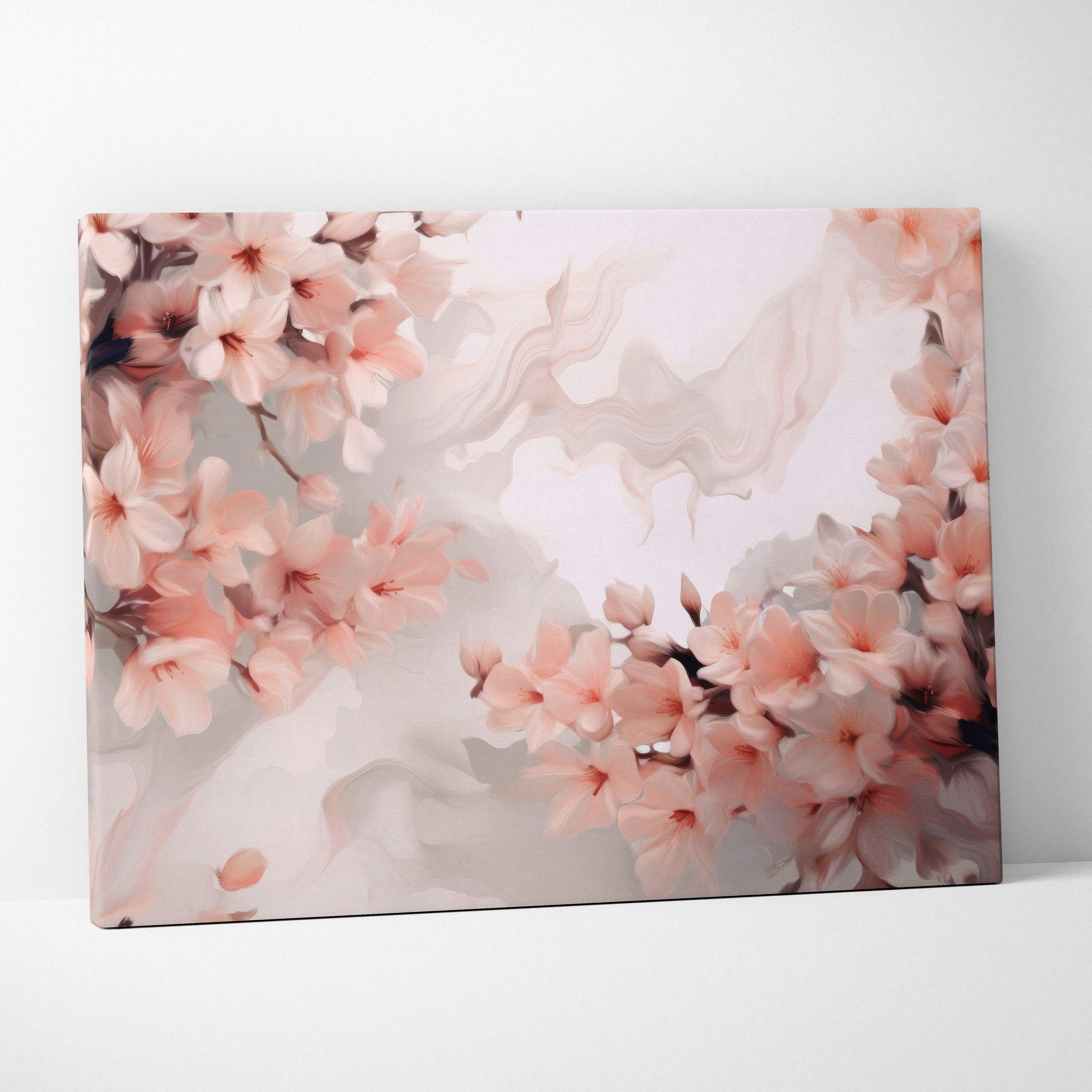 Soft pink cherry blossom canvas wall art with delicate petals and subtle marbled cream background in rectangular shape