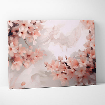 Canvas wall art featuring soft pink and peach abstract floral design with delicate petals and flowing shapes.