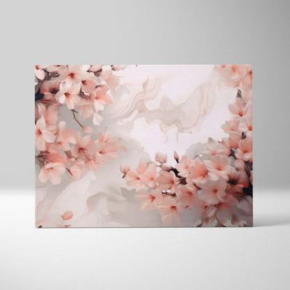 Canvas wall art featuring delicate pink and peach blossoms with soft swirling abstract background in pastel tones.