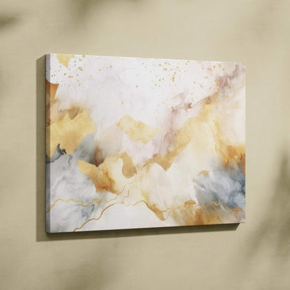 Abstract canvas wall art with soft gold, beige, and gray tones and subtle marble texture.