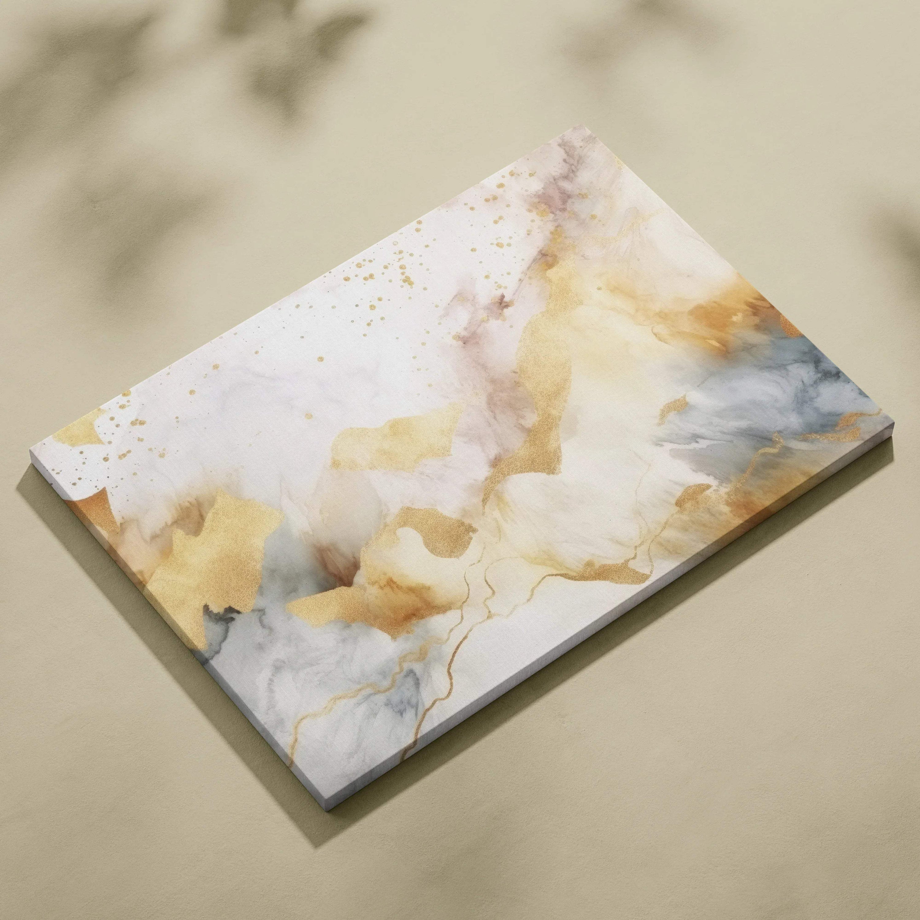 Abstract canvas wall art with soft beige, gold, white, and gray watercolor textures and gold veining accents.