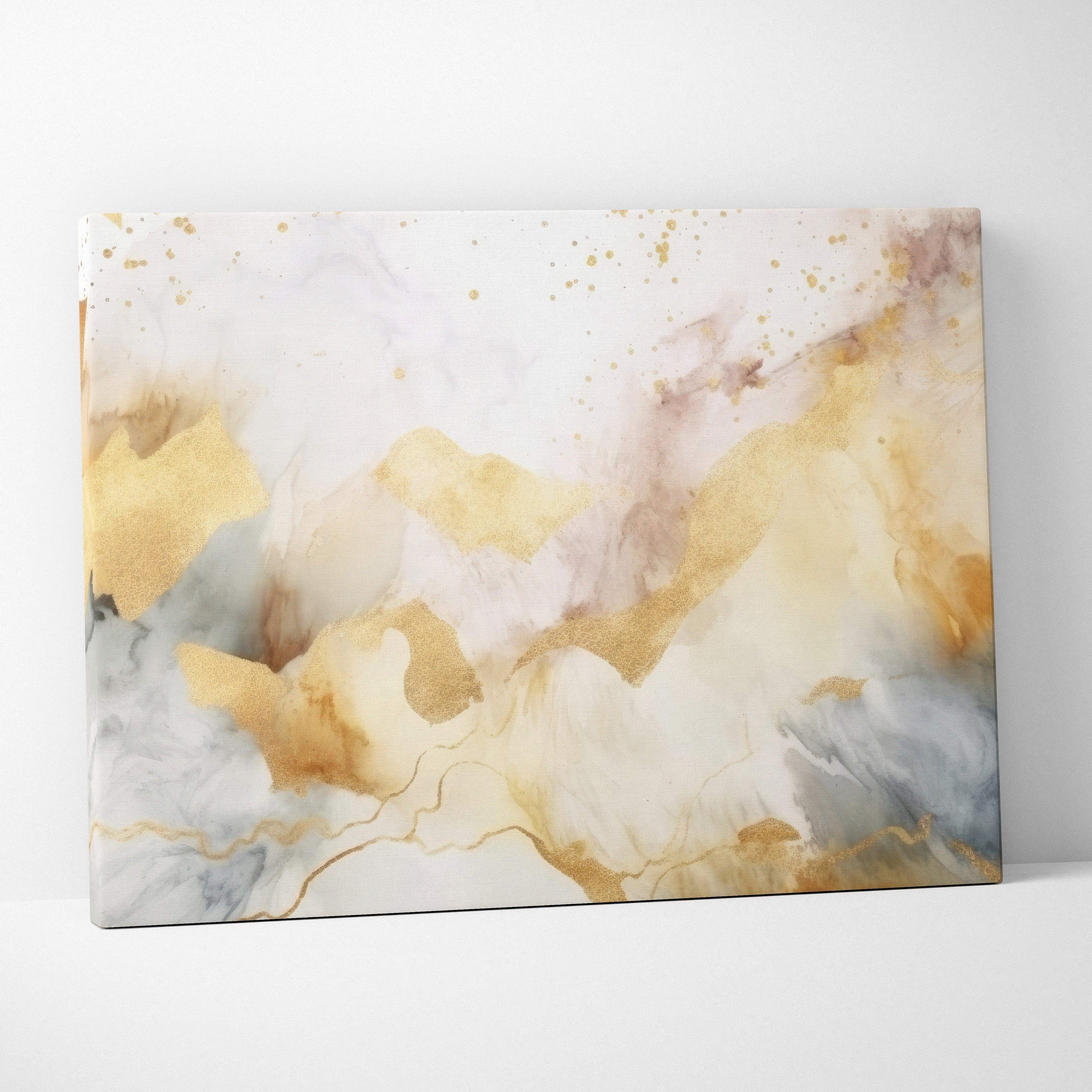 Abstract canvas wall art with gold, beige, and gray tones in a soft, flowing design.
