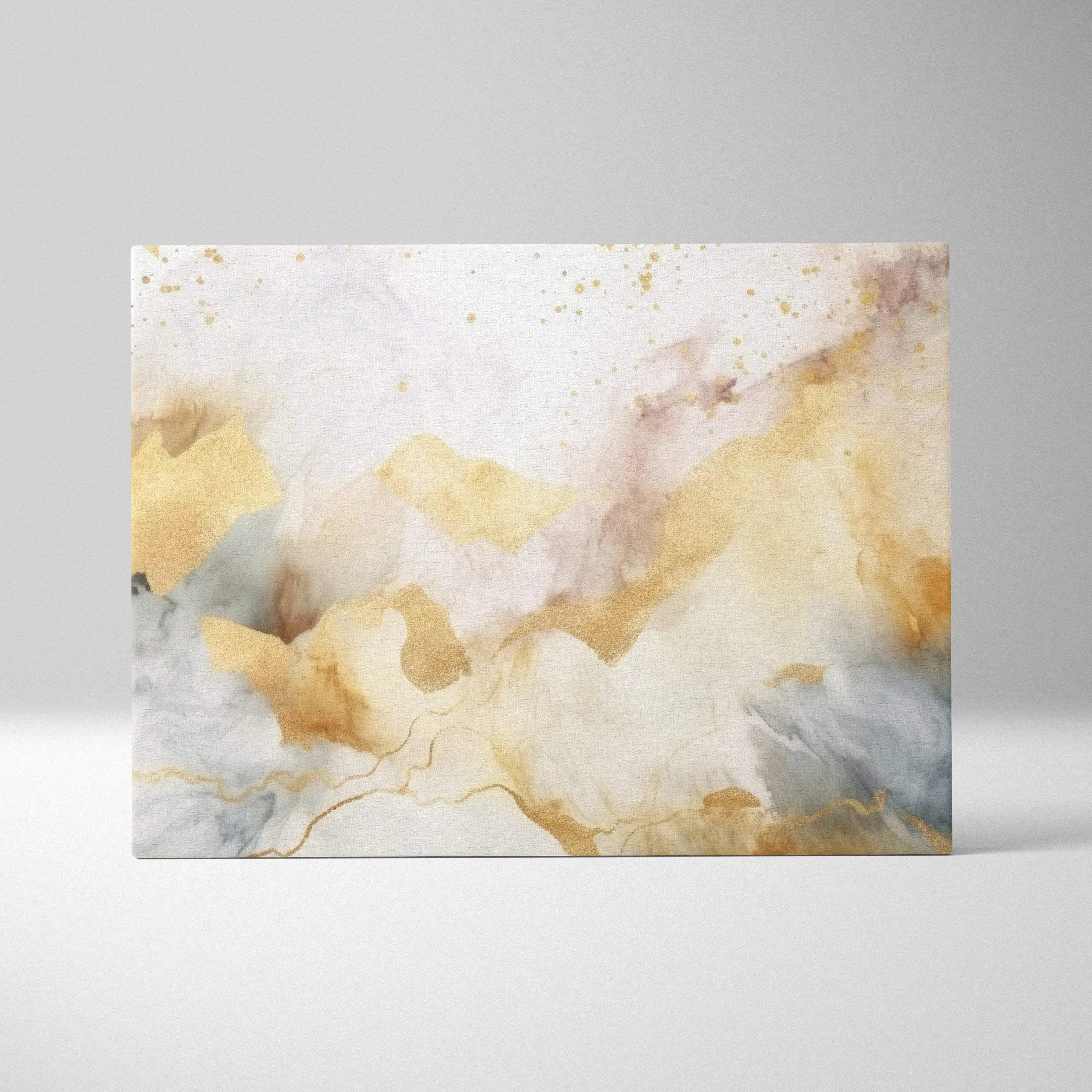 Abstract canvas wall art with soft gold, white, and gray swirls accented by subtle metallic flecks.
