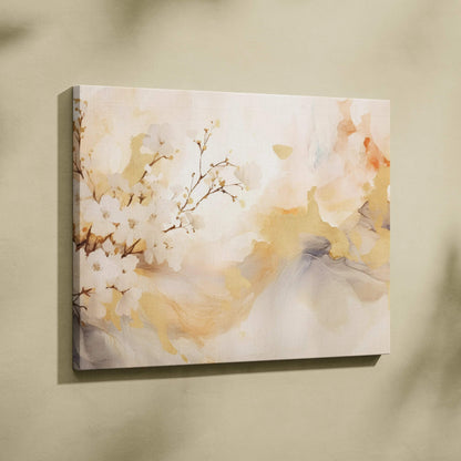 Abstract digital art canvas wall art with soft beige, cream, and golden hues, featuring delicate floral and cloud-like forms.