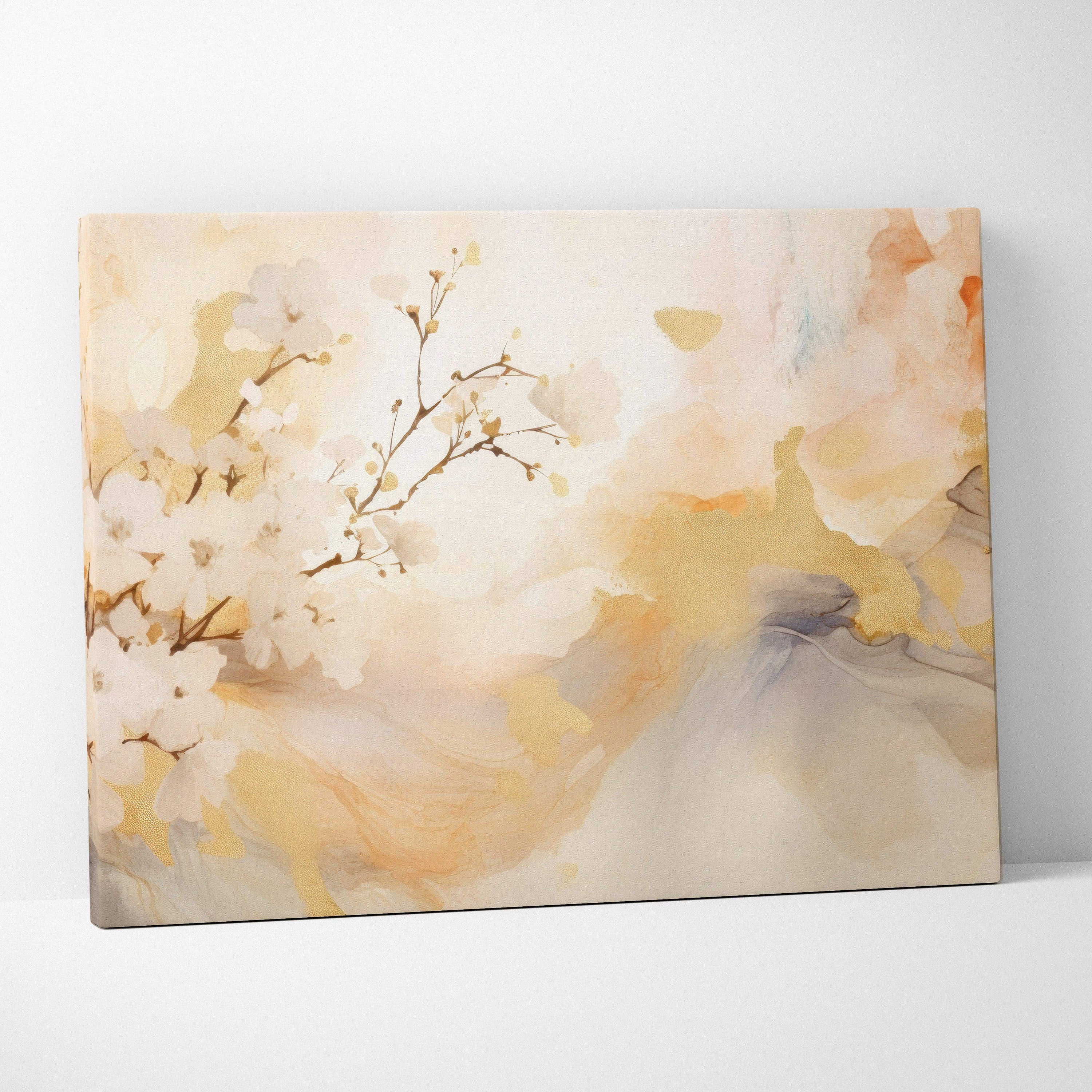 Abstract floral design in soft beige and cream tones on canvas wall art.