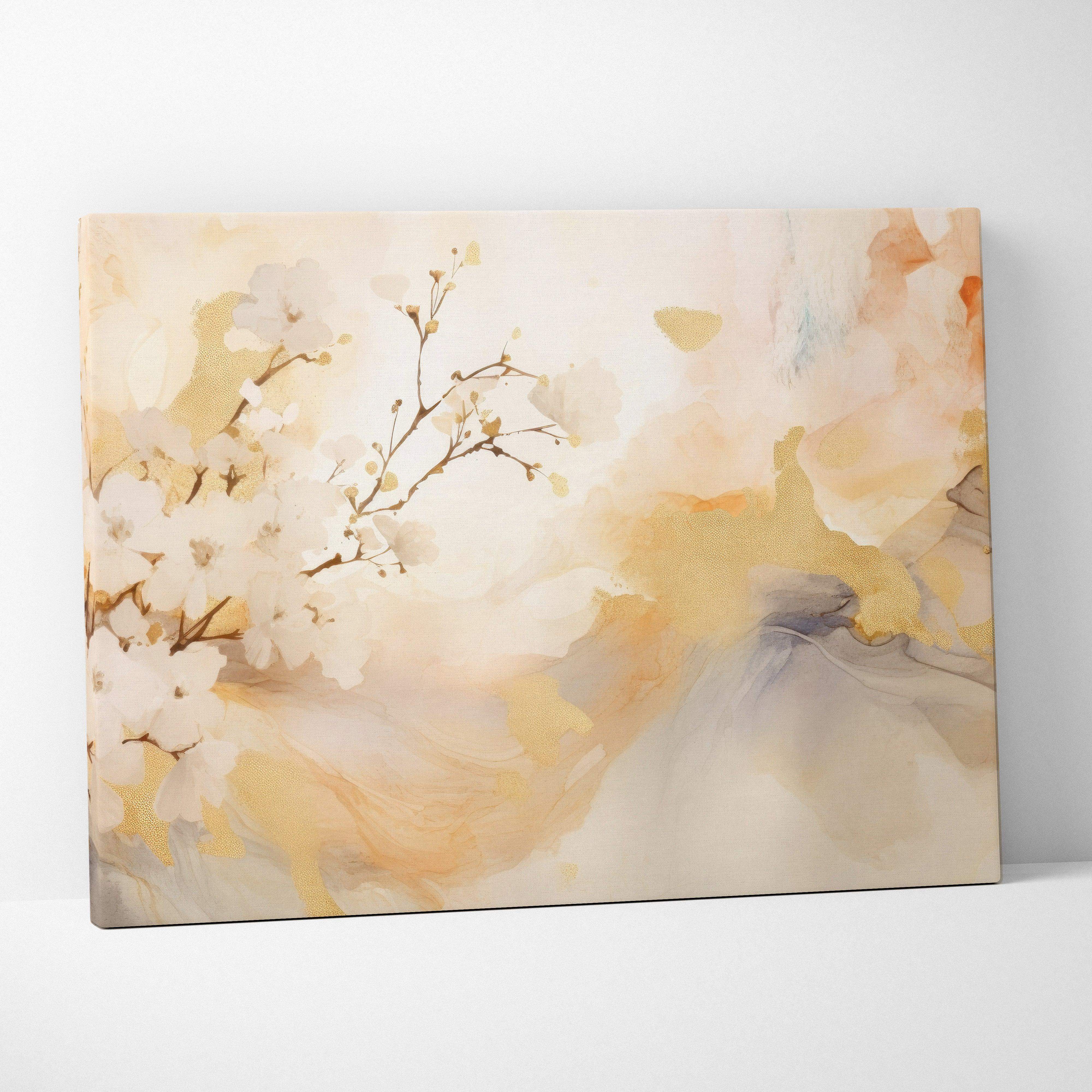 Abstract floral canvas art with soft beige gold tones featuring delicate white blossoms for modern living room decor