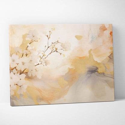 Abstract floral design in soft beige and cream tones on canvas wall art.