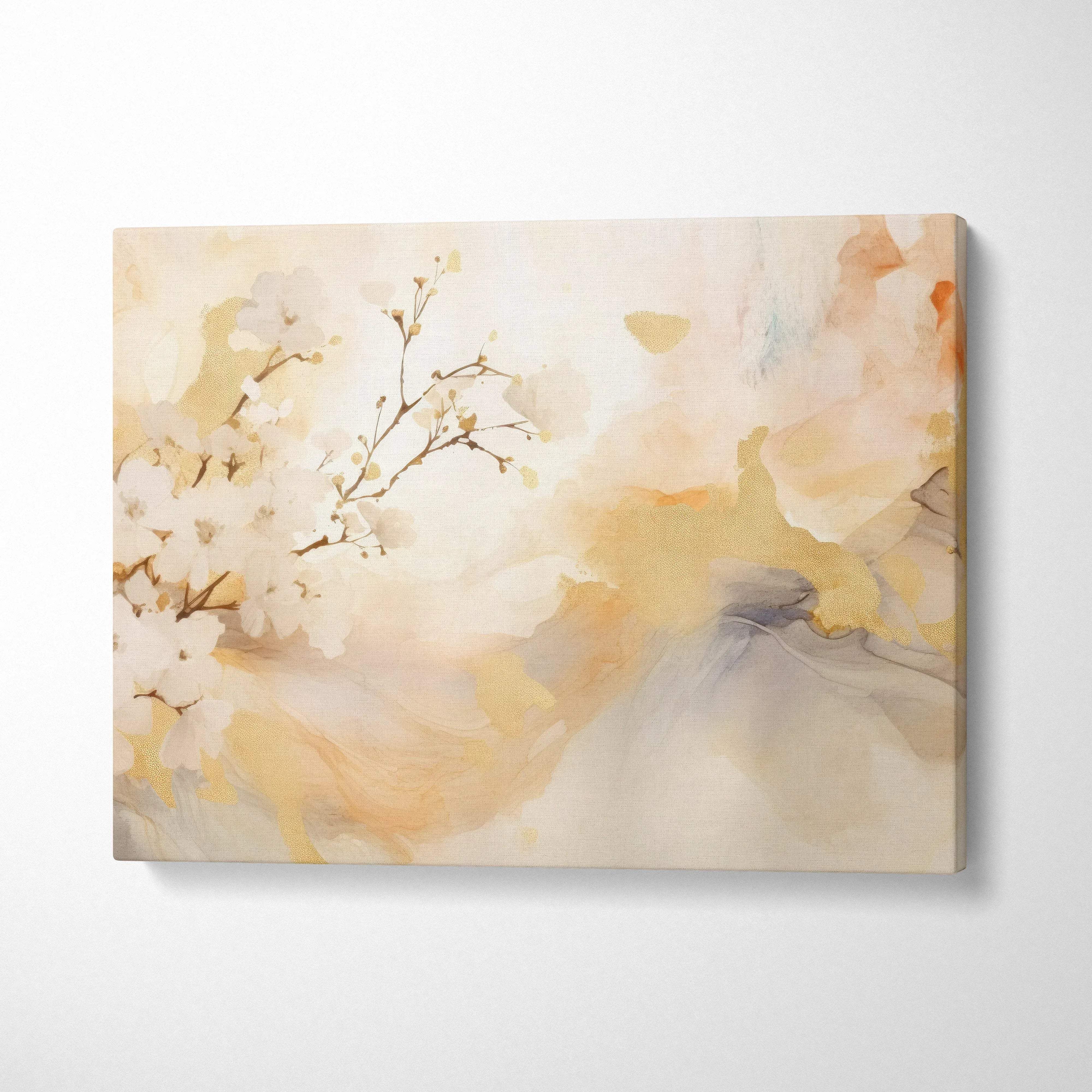 Abstract modern digital art on beige and soft pastel canvas wall art with floral branches design.