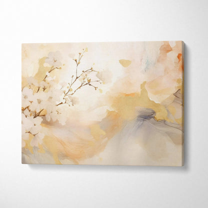 Abstract modern digital art on beige and soft pastel canvas wall art with floral branches design.
