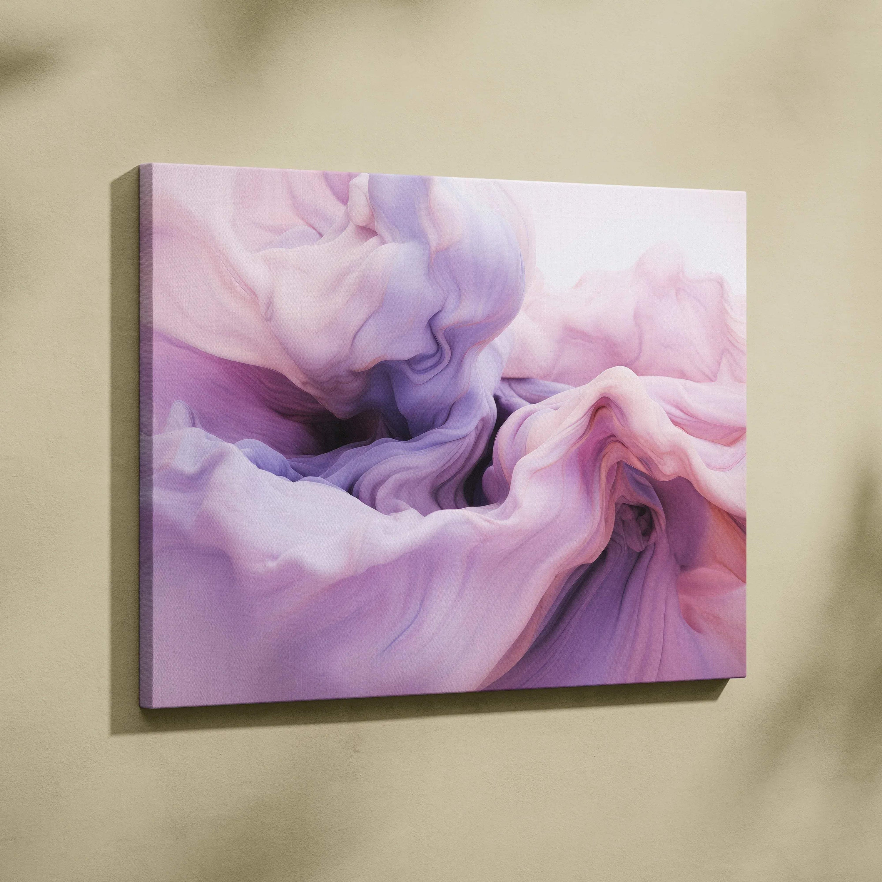 Abstract pink and purple digital art on canvas wall art with soft flowing shapes.