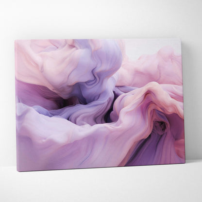 Modern abstract digital art canvas wall print with soft purple and pink swirling patterns.