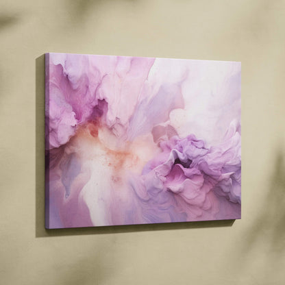 Abstract digital art canvas wall art with flowing purple and pink hues and soft textures.
