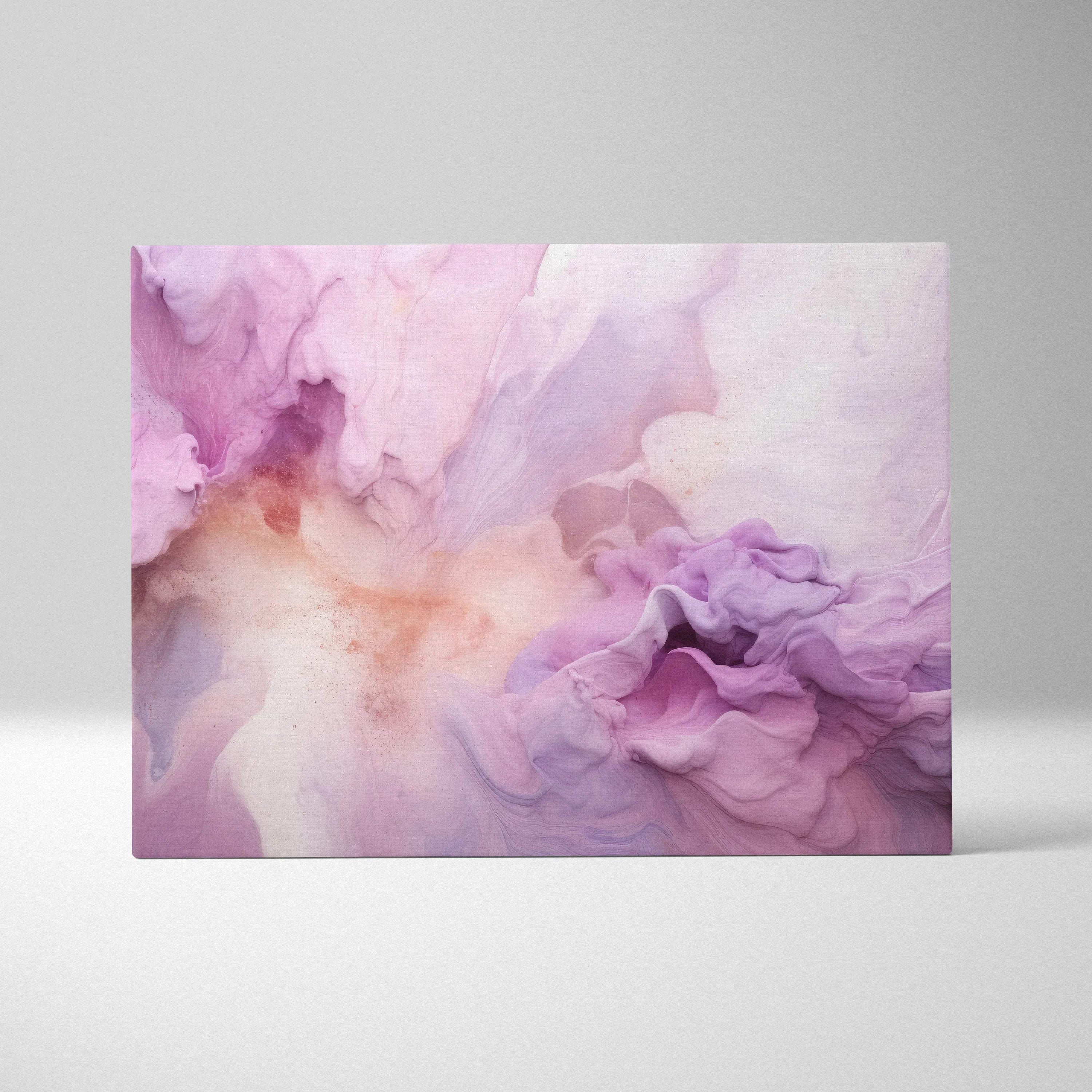 Abstract canvas wall art with flowing shapes in soft pink, purple, and beige tones.