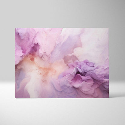 Abstract canvas wall art with flowing shapes in soft pink, purple, and beige tones.