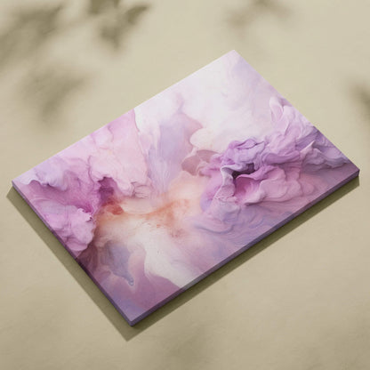 Canvas wall art with vibrant pink and purple abstract digital design on a rectangular frame.