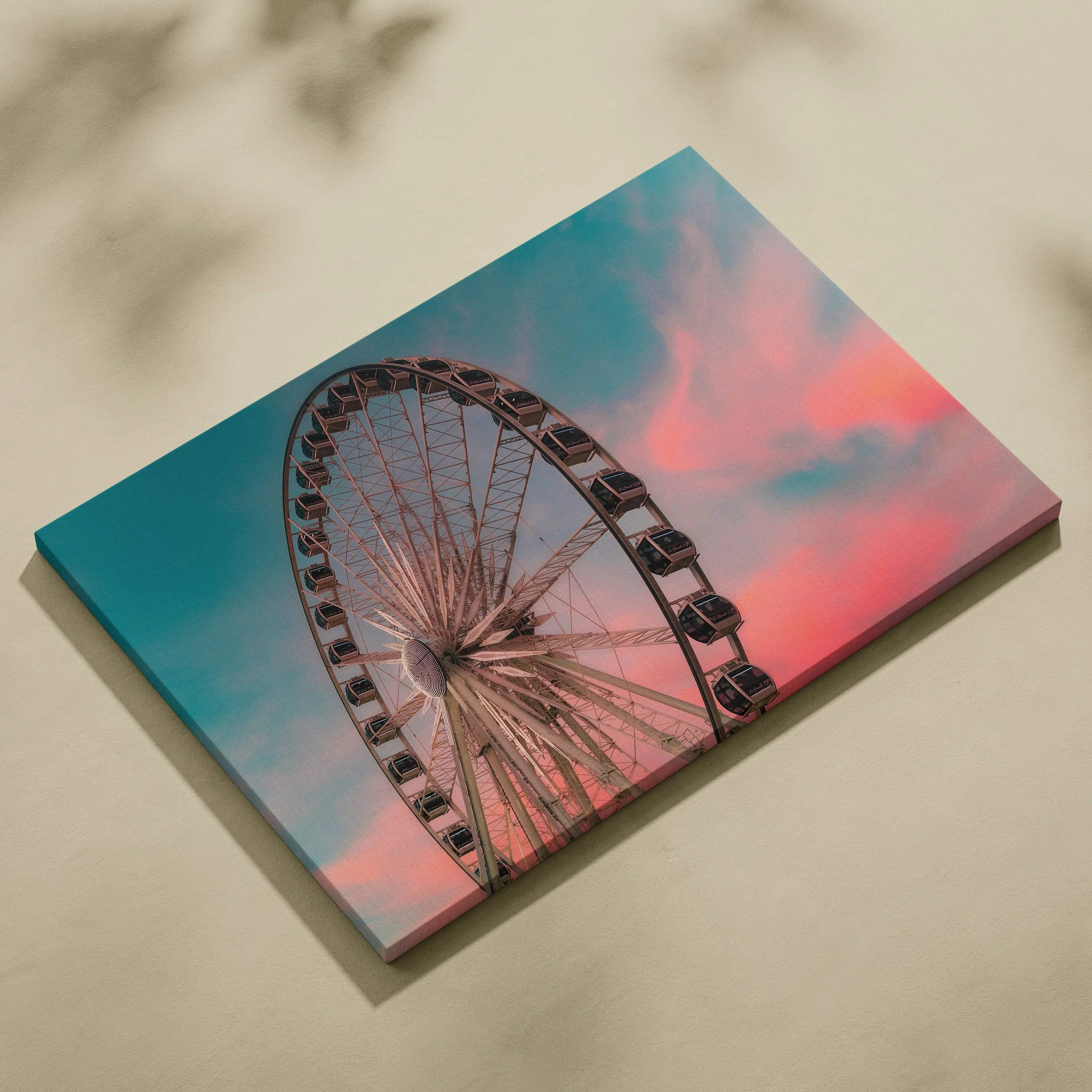 Canvas wall art featuring a large ferris wheel against a vibrant pink and blue sunset sky.