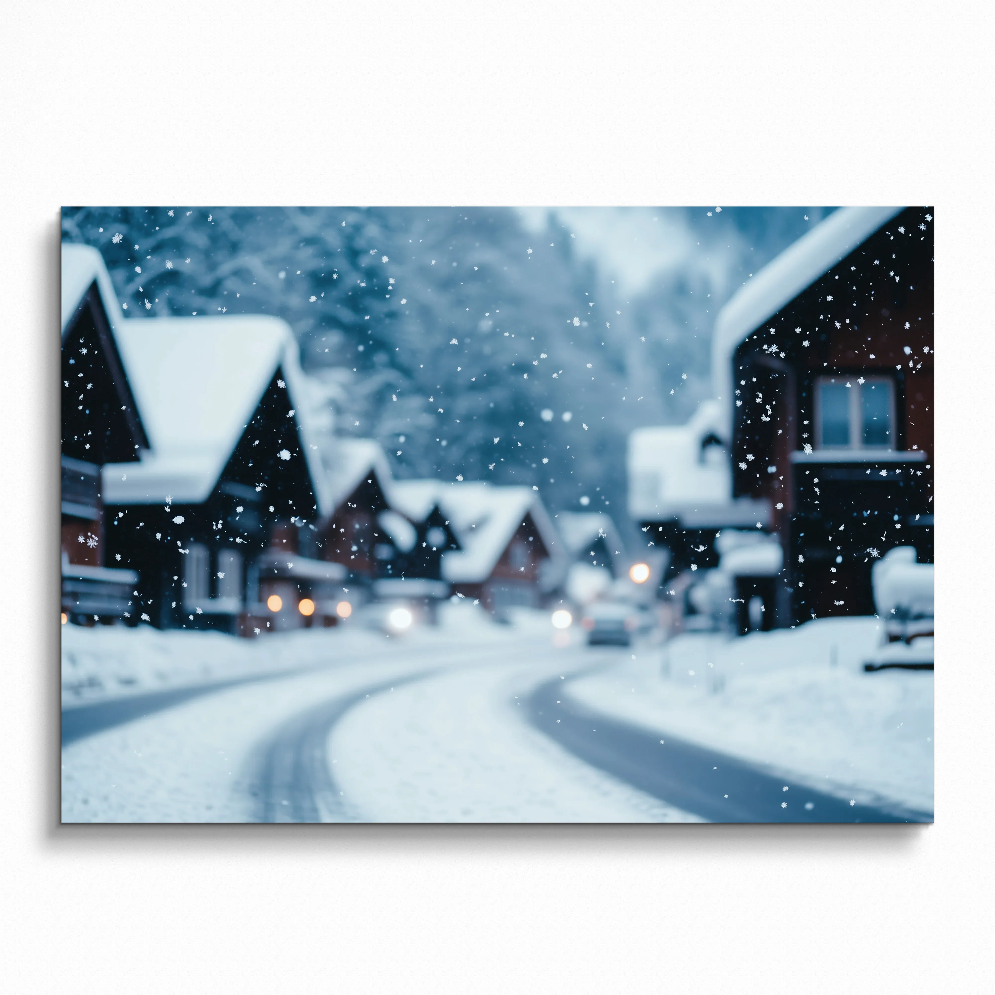 Serene snow-covered village street with wooden houses wall art poster in soft blue tones.