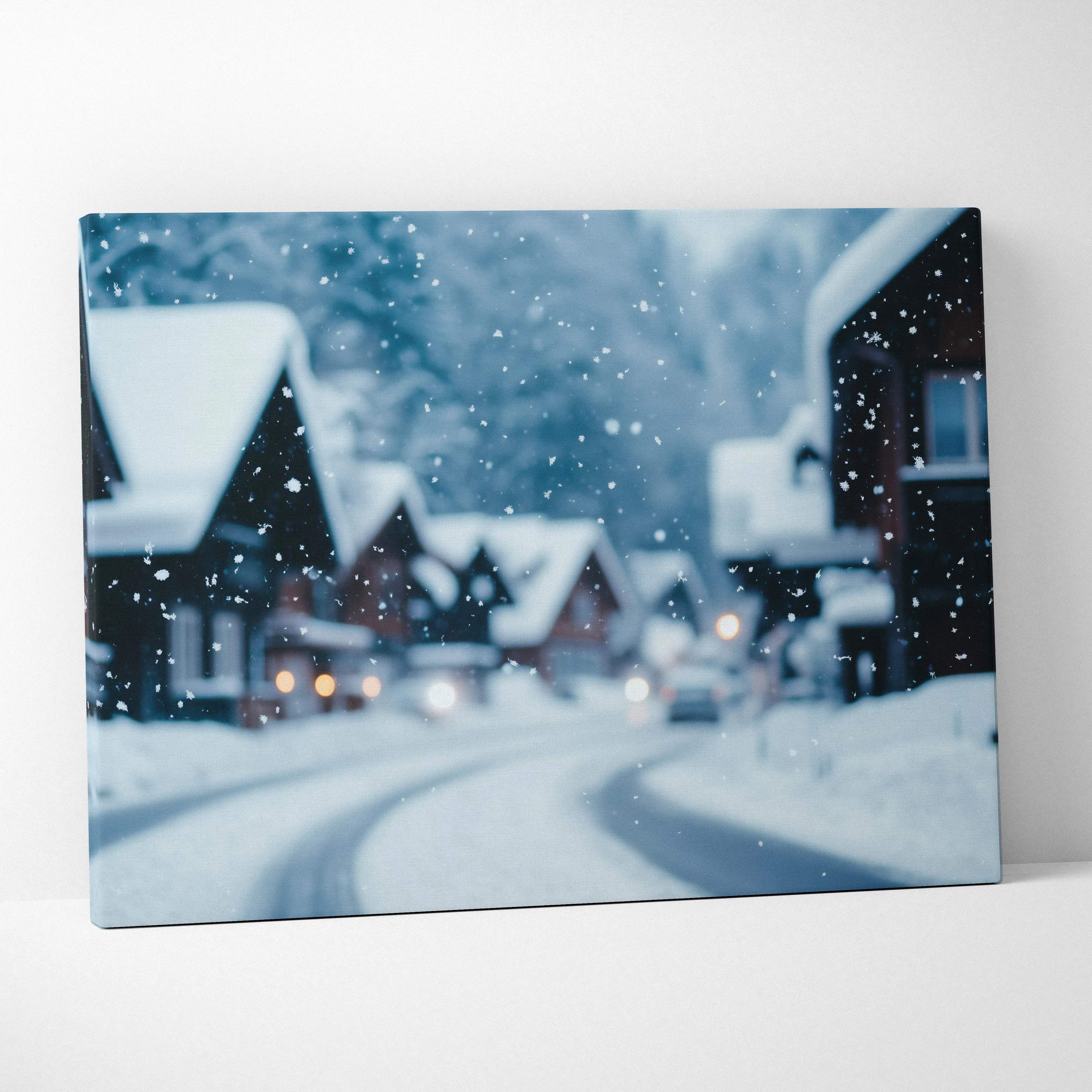 Canvas wall art featuring a blurred serene winter snowscape with snow-covered houses and falling snowflakes.
