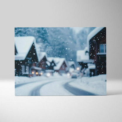Canvas wall art featuring a serene snowy village scene with cabin roofs and falling snowflakes.