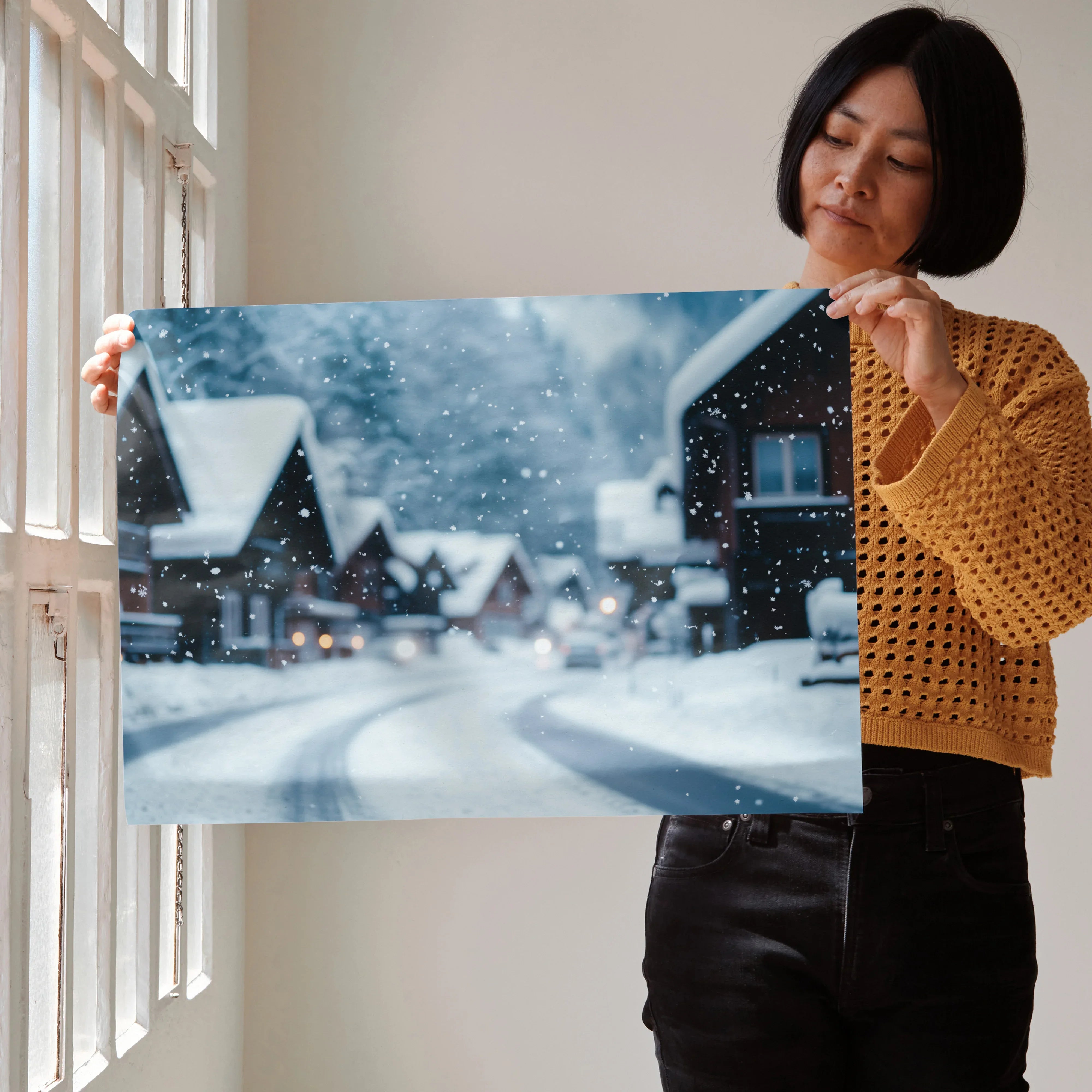 Serene snow-covered village street digital art poster with cozy houses and falling snowflakes wall art.