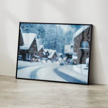 Serene snow-covered village digital art poster with cozy houses and falling snowflakes wall art.