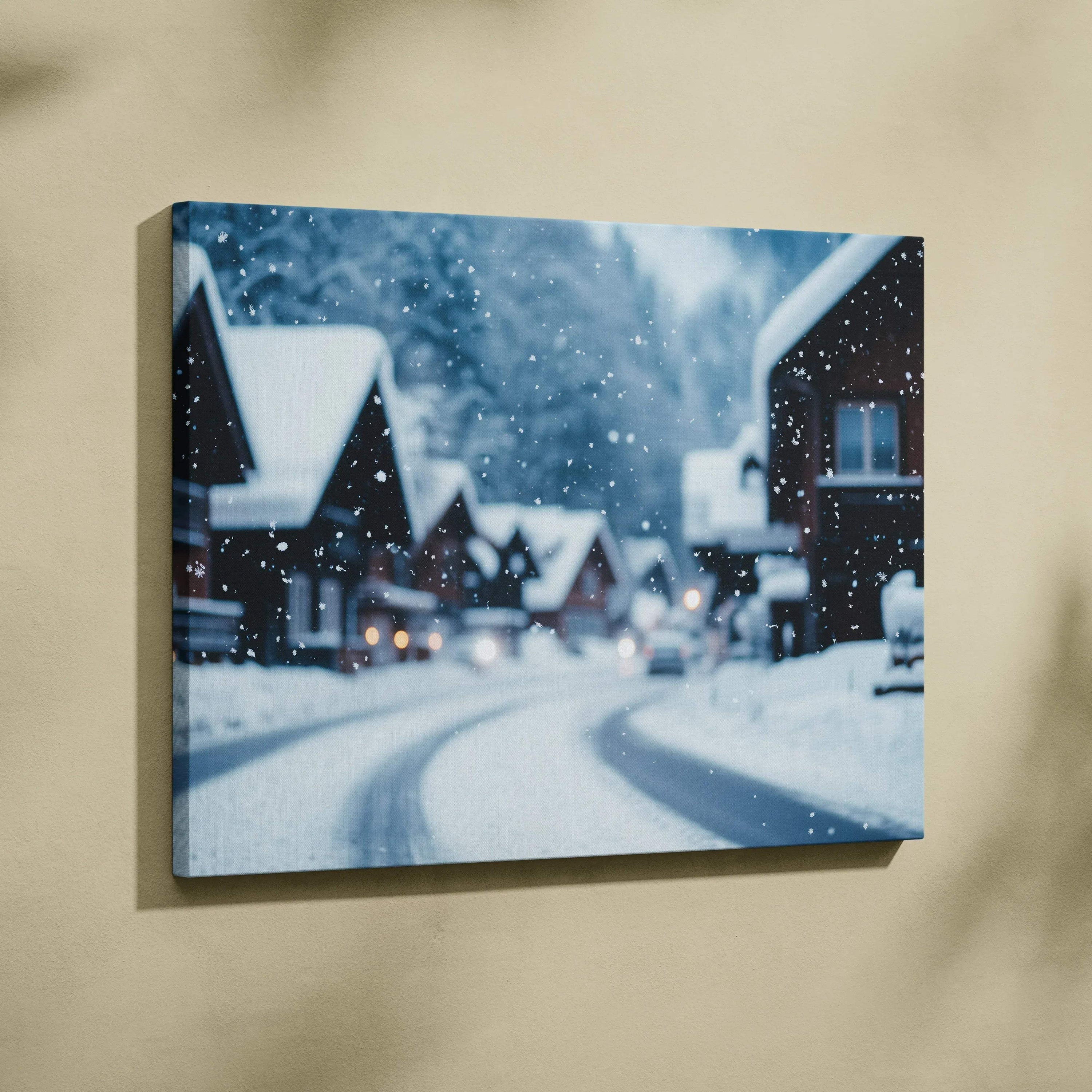 Snowy village scene with dark wooden cabins and softly falling snow on canvas wall art.