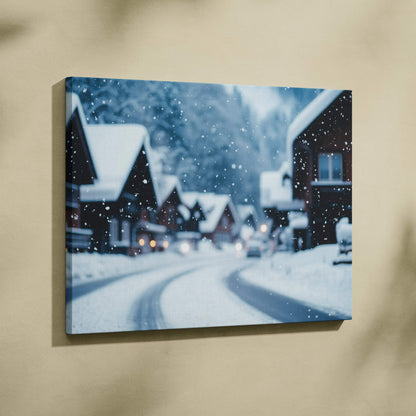 Snowy village scene with dark wooden cabins and softly falling snow on canvas wall art.