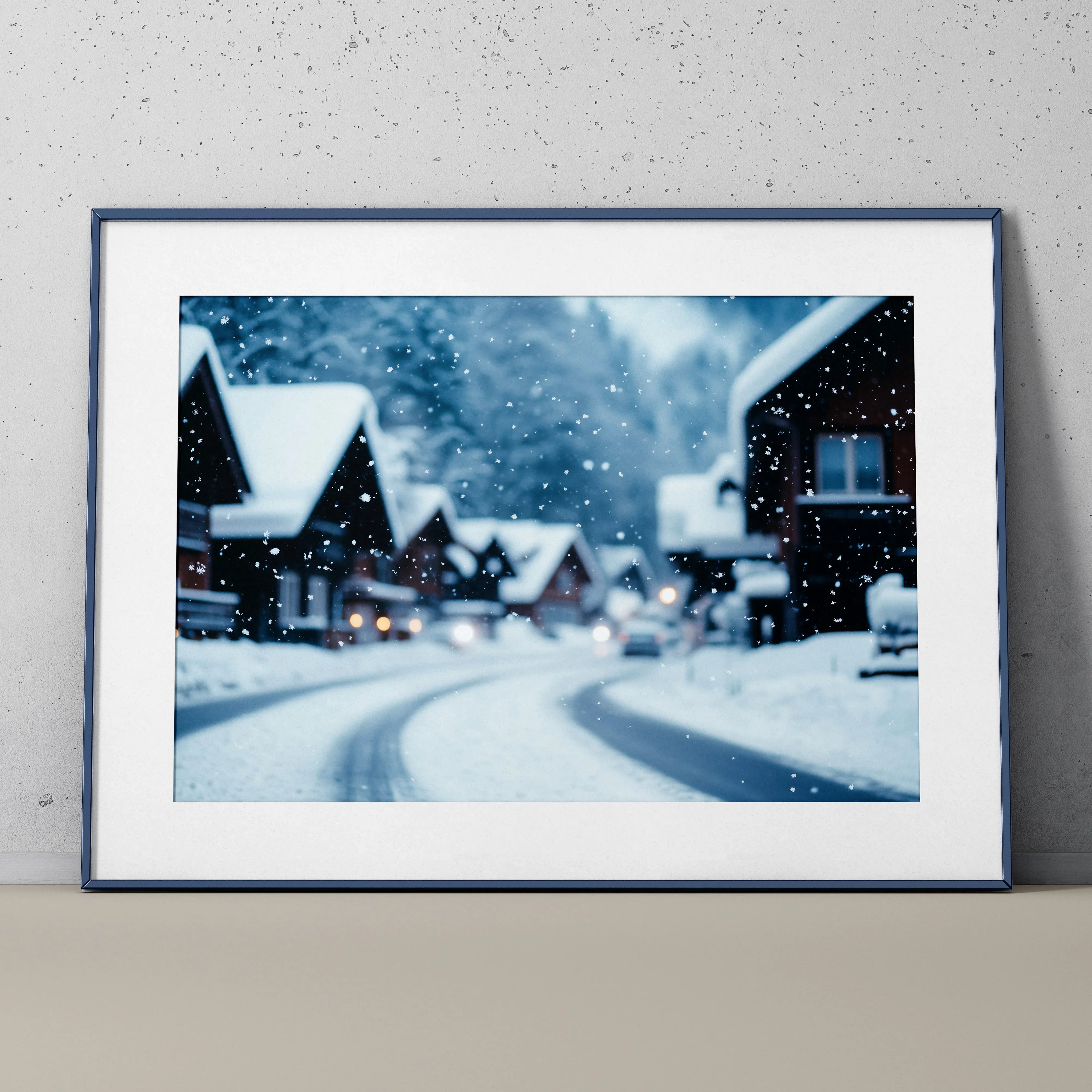 Serene snow-covered village road digital art poster with cozy cabins, winter wall art.