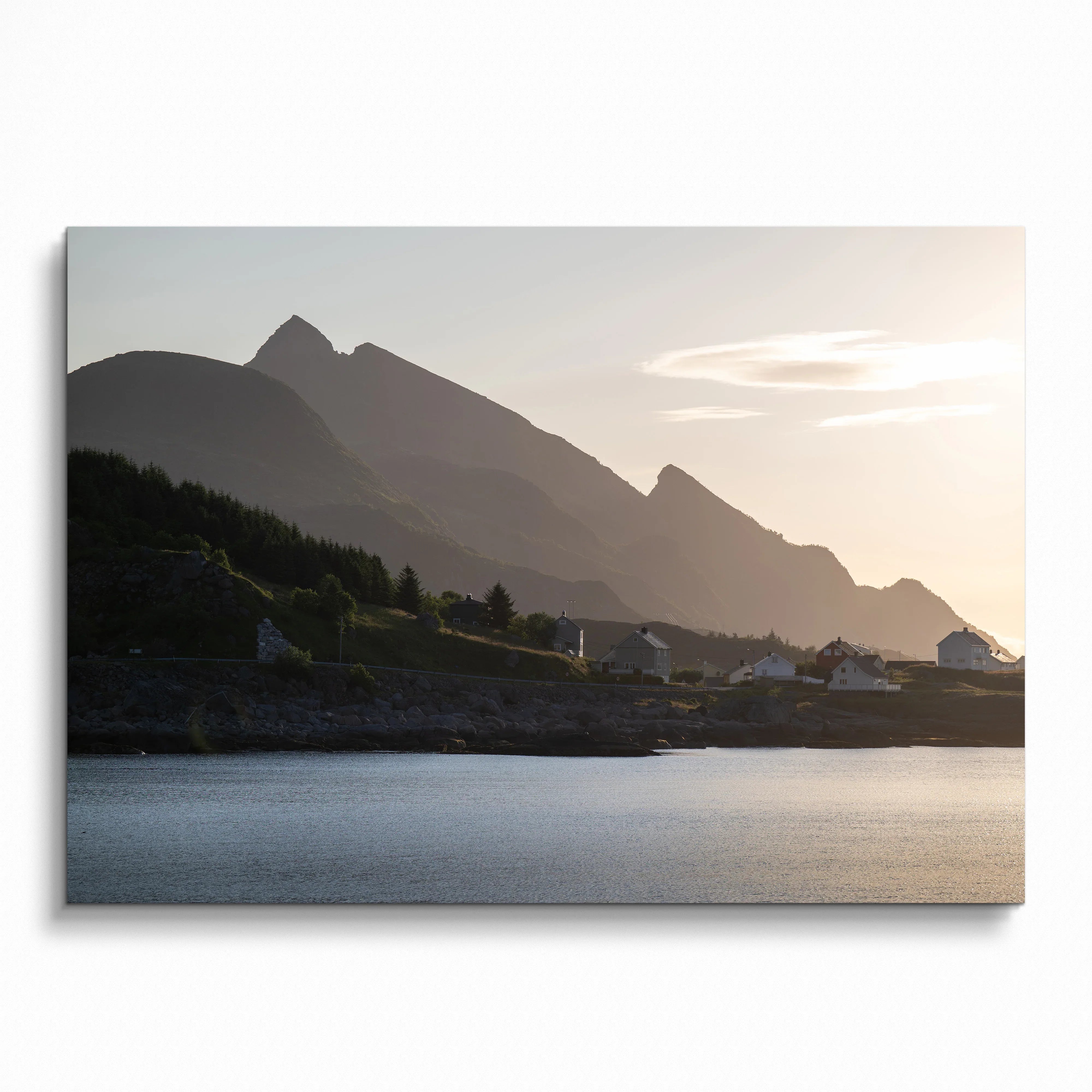 Mountain landscape poster with sunset sky over water, serene nature wall art.